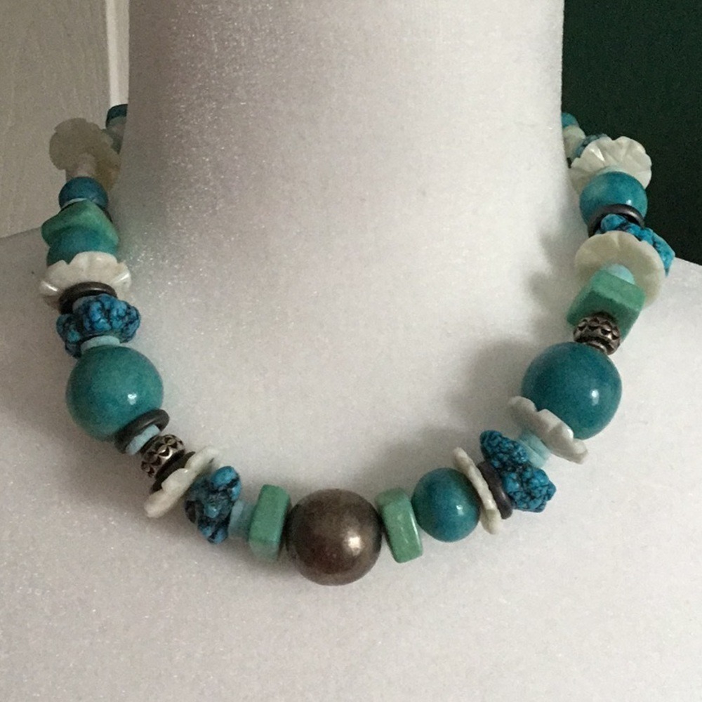 Bohochic Statement Necklace Turquoise Stones Beads Silver Festival Hippie